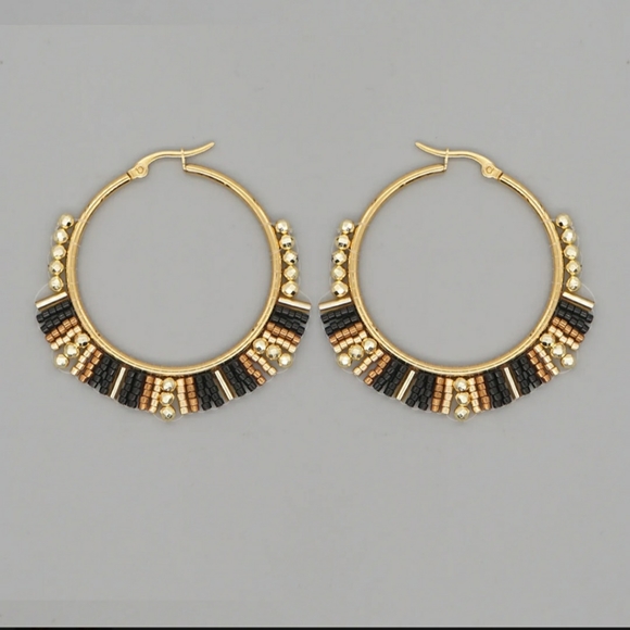 Beaded Hoop Earrings Black & Gold Miyuki Rice Beads - Picture 6 of 11